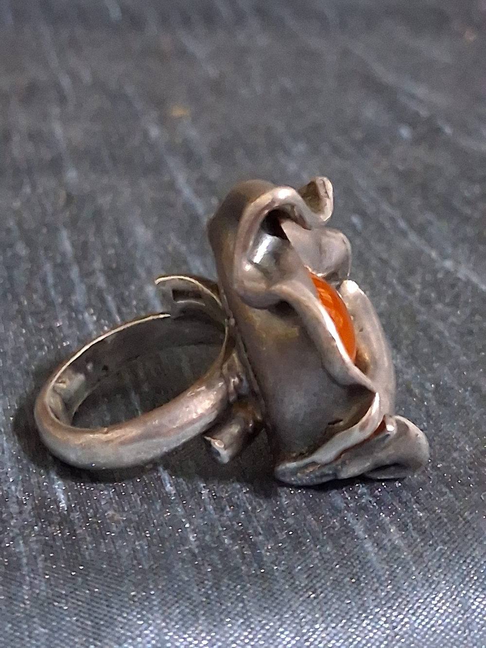 Handcrafted Silver Flower Ring with Orange Carnelian Stone Georg Jensen Style - Picture 3 of 8